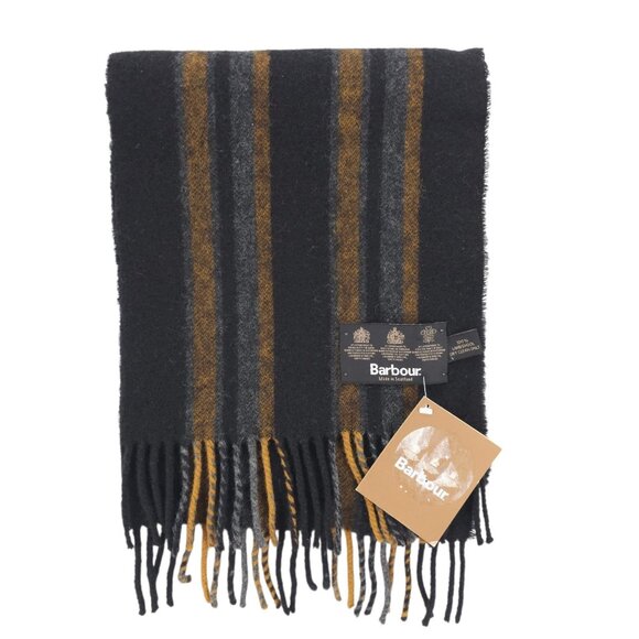 NEW BARBOUR 100% Lambswool Scarf Vertical Stripe Black Grey Gold Fringe - Picture 1 of 5
